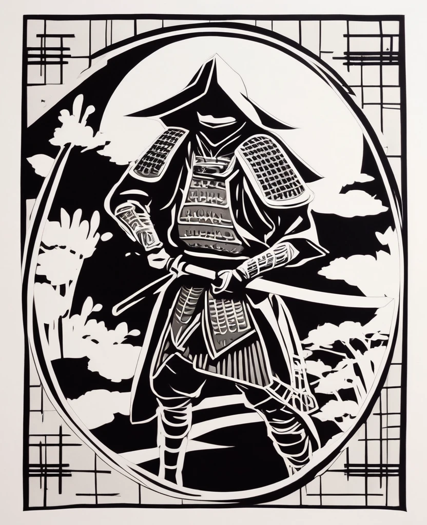 A Japanese samurai wearing traditional Japanese armor and a hood like that worn by Kenshin Uesugi is depicted in a simple paper cutting style in black and white, with a dynamic feel.