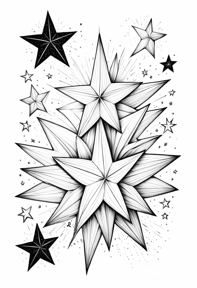 line drawing stars, On white background, monochrome, black andwhite, no shadows, white background