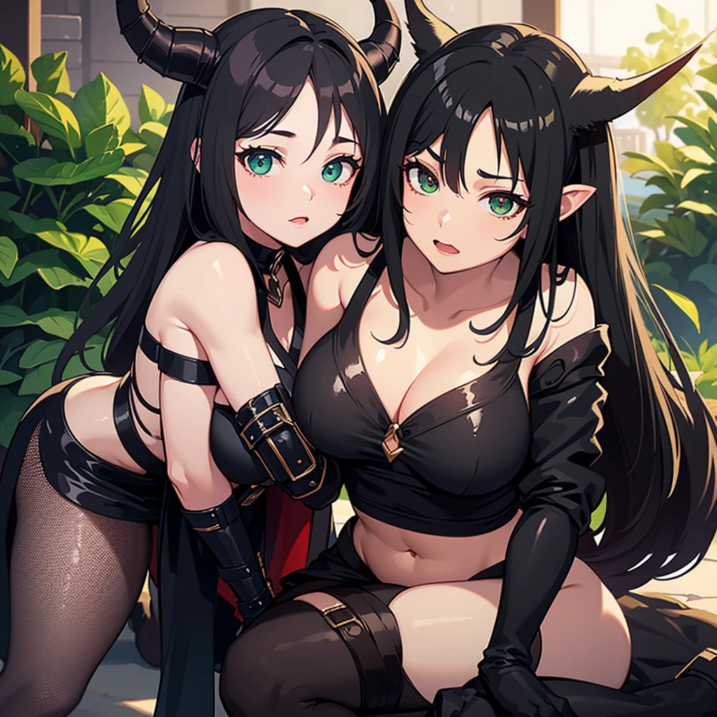 Female character, black hair, green eyes, horn like Maleficent, adorable cute cosplay (image style, cute, realistic, example Tifa Lockhart, adorable)