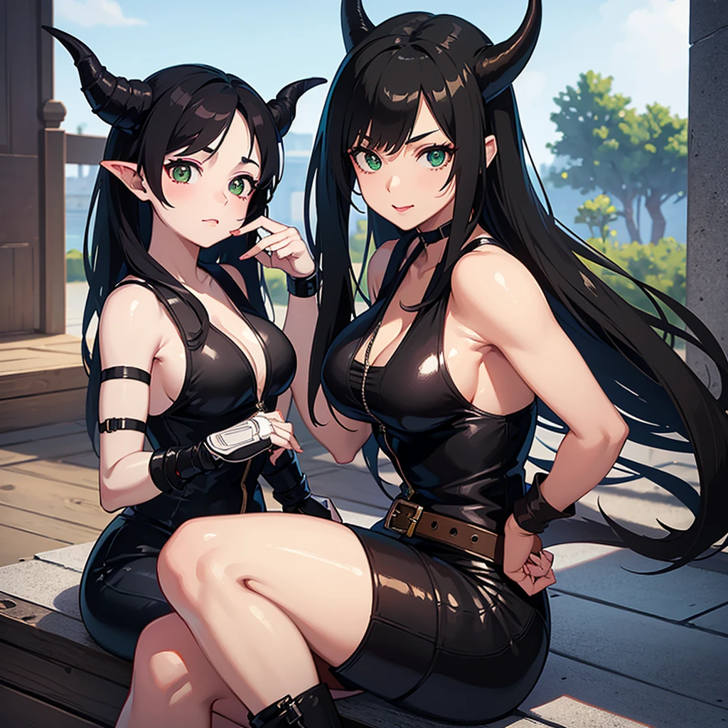 Female character, black hair, green eyes, horn like Maleficent, adorable cute cosplay (image style, cute, realistic, example Tifa Lockhart, adorable)
