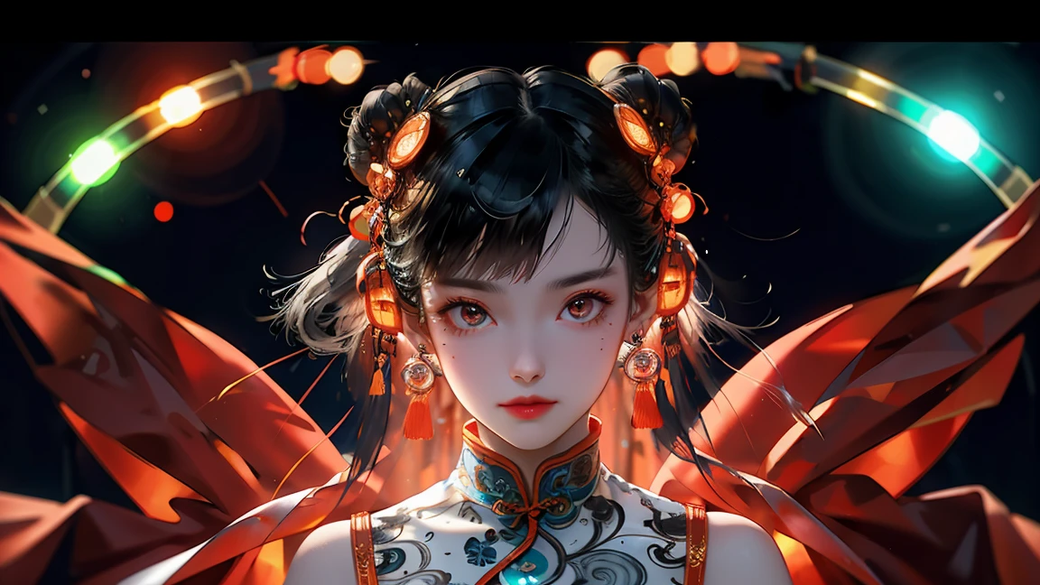 1 girl, Chinese_clothing, liquid silver and orange, Cyberhan, cheongsam, Cyberpunk city, Dynamic poses, Exquisite luminous headphones, Glowing Hair Accessories, Long hair, Luminous earringss, Glowing necklace, Cyberpunk, High-tech city, full of mechanical and Futuristic elements, Futuristic, technology, Glowing neon lights, orange, orange light, Transparent Tulle, Transparent ribbon, laser, Digital background city sky, Big Moon, There is a car, best quality, masterpiece, 8K, Character edge light, Ultra-high detail, high quality, The most beautiful woman in the world, Smile, Forward facing and symmetrical, earrings, Beautiful student, Lighting Effects, Visual Data, Silver hair, Ultra-fine texture
