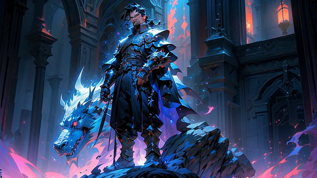 In a fantasy world under a nebula-filled night sky, a rugged anime character with a muscular build, spiky black hair, and a large sword stands stoically. Clad in dark armor with a long cape flowing behind, they gaze out into the starlit horizon.