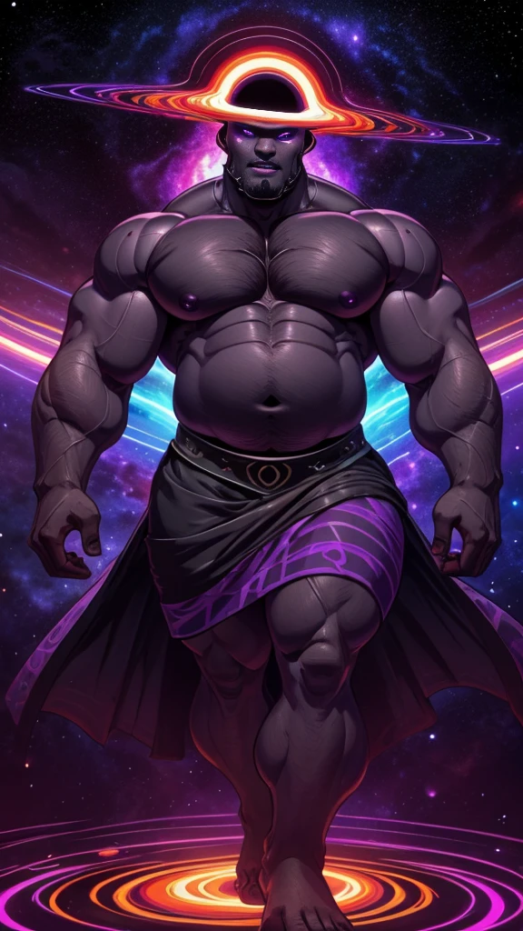A colossal bara God, Void, Black hole head, Black and neon purple skin color, giant pecs, big belly, galaxy, Godlike, wearing a godly black and purple skirt, Space, Calamity, Bara art, high quality, HD, Muscular, slightly chubby, big arms, thick thighs