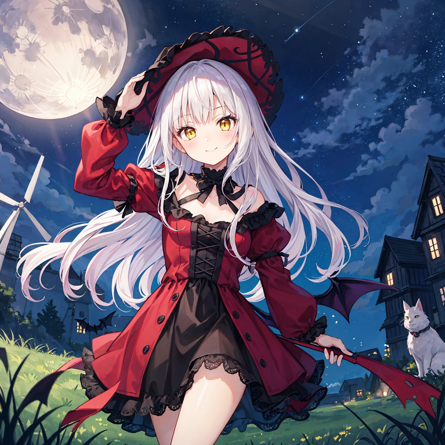 girl with, sorcerer, the witch, outdoors, grass ground, windmill, night, night sky, moonlight, Red and black gothic lolita, Dresses with ruffles, looking at the viewer, smile, white hair, yellow eyes, bat wings on head, incoming,