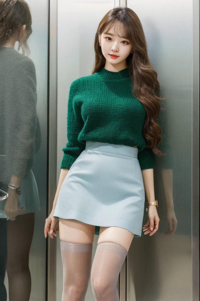 (best quality, 4k, Masterpiece, Ultra detailed, hyperrealism, RAW quality), 1 girl, facing the viewer, standing in an open metal elevator, looking at her watch, she: long buttoned plain skirt, thick stockings, plush sweater, wings, loose hair,