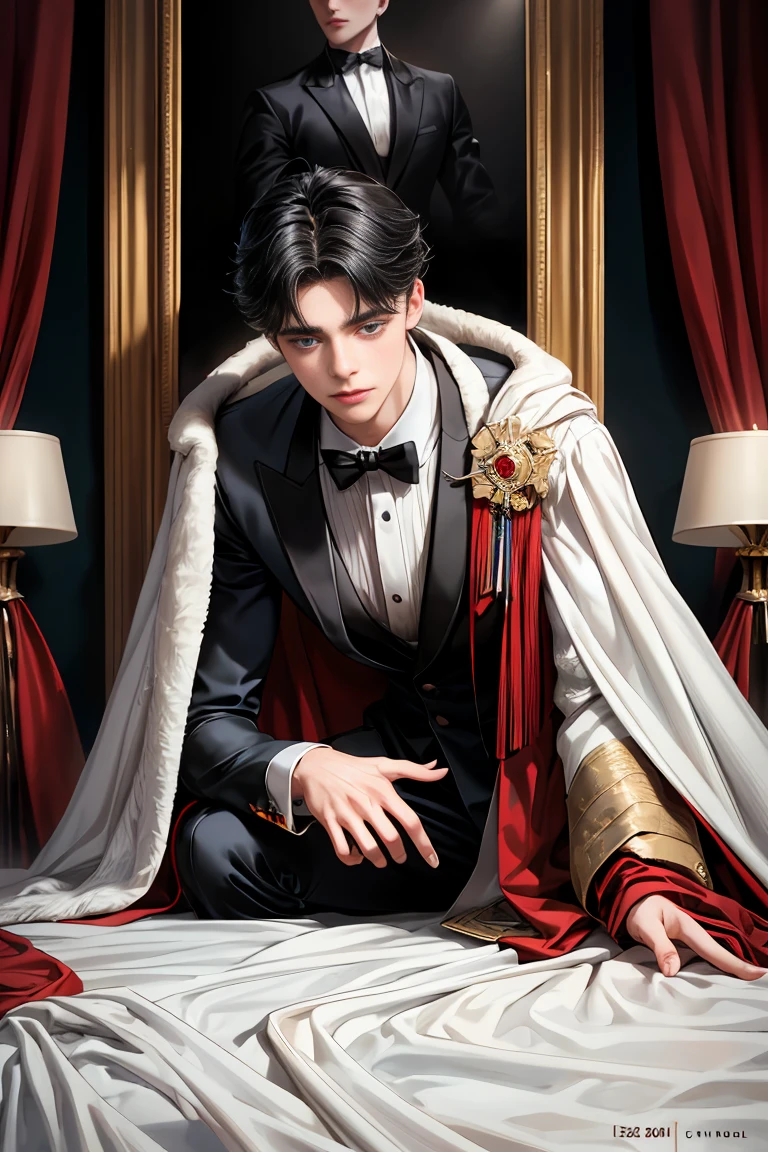 masterpiece, 最high quality, high quality, 1 boy, alone, Male focus, Watching the audience, Messy black hair, Adorable big blue eyes, White people, Noble, Noble,Sexy voluminous cape、tuxedo、vampire、A very voluminous red and black cape with a high stand-up collar, very voluminous, very big, very big, very long, reaching down to the floor, made of a lot of fabric., s old,Cute beautiful boys,Cute, cute, kind, handsome guy