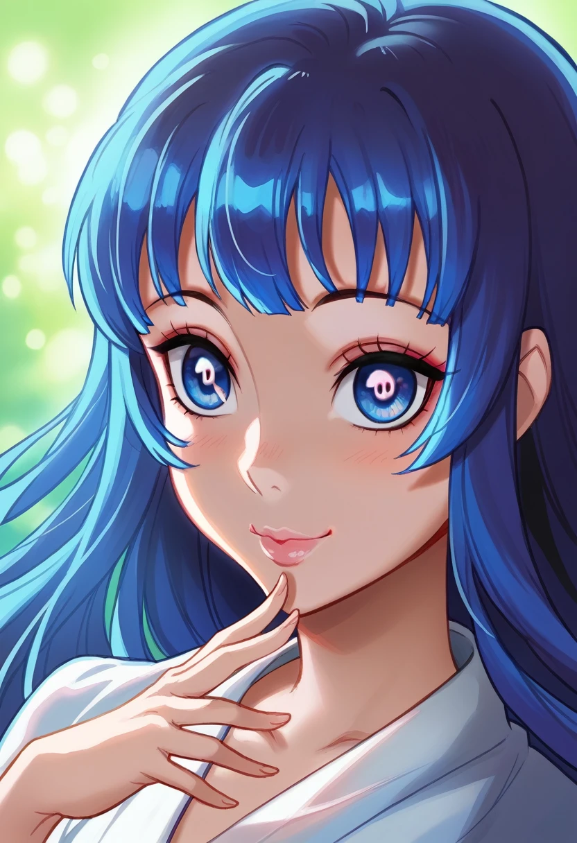 a cartoon character from Demon Slayer, 1girl, beautiful detailed eyes, beautiful detailed lips, extremely cute, smile cute, black and BLUE hair, BLUE Eyes,  usando uma saia, e vestindo um Haori branco, olhos azuis oceano, fundo de dia, background light day Forest. 