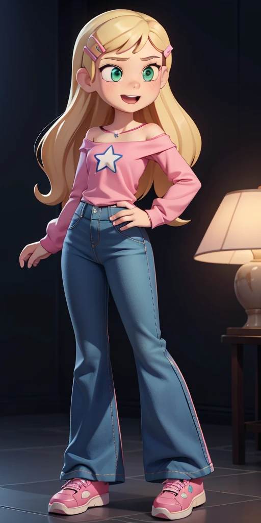 score_9, source_cartoon, 1girl, solo, Kelly Marra, looking very happy, long hair, blonde hair, cute green eyes, hair ornament, white long sleeves, hairclip, bell-bottom blue pants(Wide flares on pants:1.2), pink shoes, off shoulder, white star (symbol) in the middle of the shirt, Pink t-shirt,