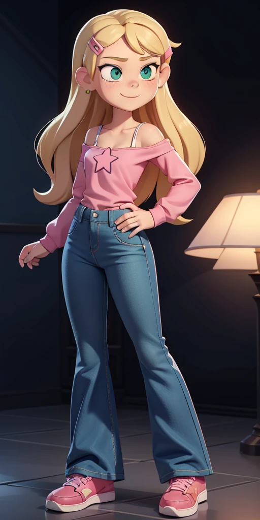 score_9, source_cartoon, 1girl, solo, Kelly Marra, looking very happy, long hair, blonde hair, cute green eyes, hair ornament, white long sleeves, hairclip, bell-bottom blue pants(Wide flares on pants:1.2), pink shoes, off shoulder, white star (symbol) in the middle of the shirt, Pink t-shirt,