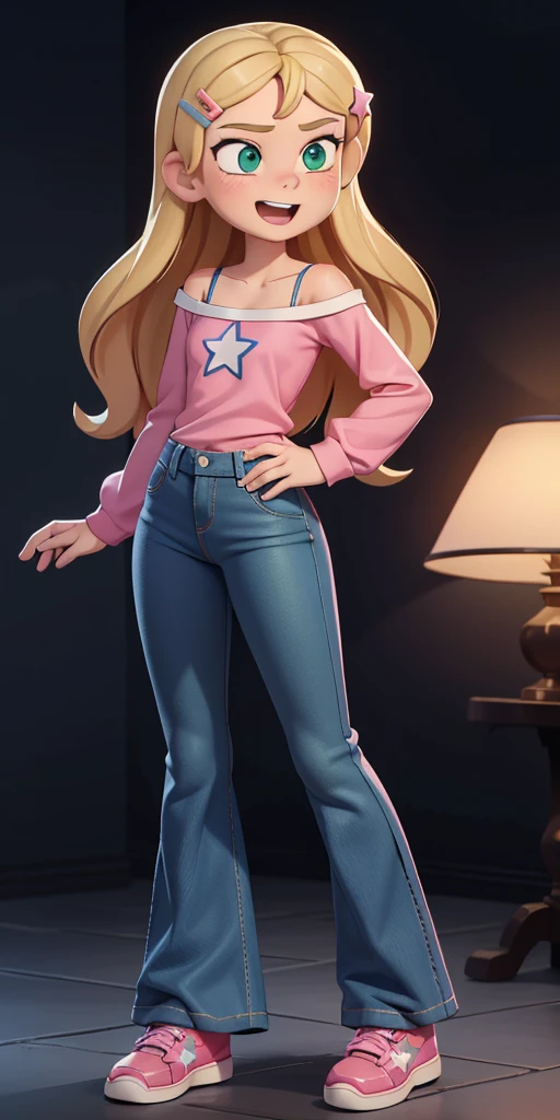 score_9, source_cartoon, 1girl, solo, Kelly Marra, looking very happy, long hair, blonde hair, cute green eyes, hair ornament, white long sleeves, hairclip, bell-bottom blue pants(Wide flares on pants:1.2), pink shoes, off shoulder, white star (symbol) in the middle of the shirt, Pink t-shirt,