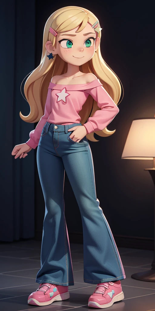 score_9, source_cartoon, 1girl, solo, Kelly Marra, looking very happy, long hair, blonde hair, cute green eyes, hair ornament, white long sleeves, hairclip, bell-bottom blue pants(Wide flares on pants:1.2), pink shoes, off shoulder, white star (symbol) in the middle of the shirt, Pink t-shirt,