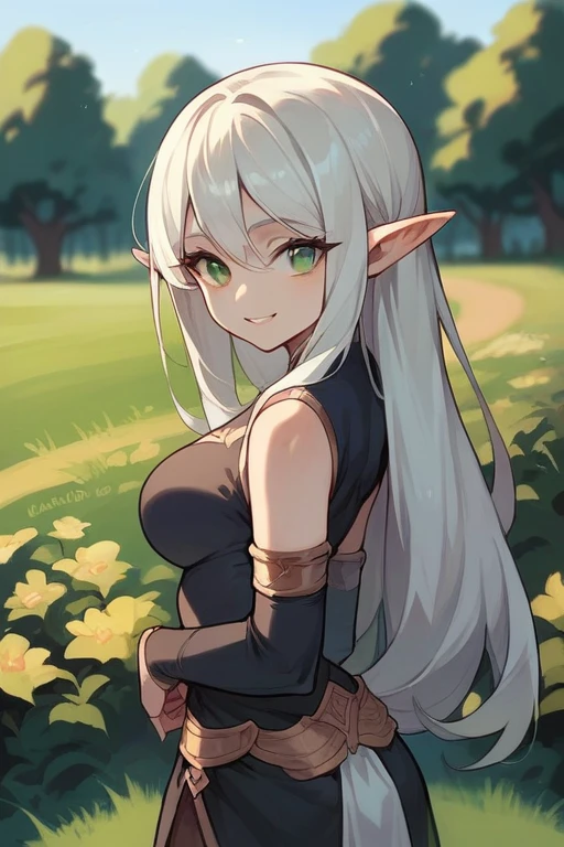 White elf girl, green eyes. good quality, smiling.
stands exactly in the middle, posing