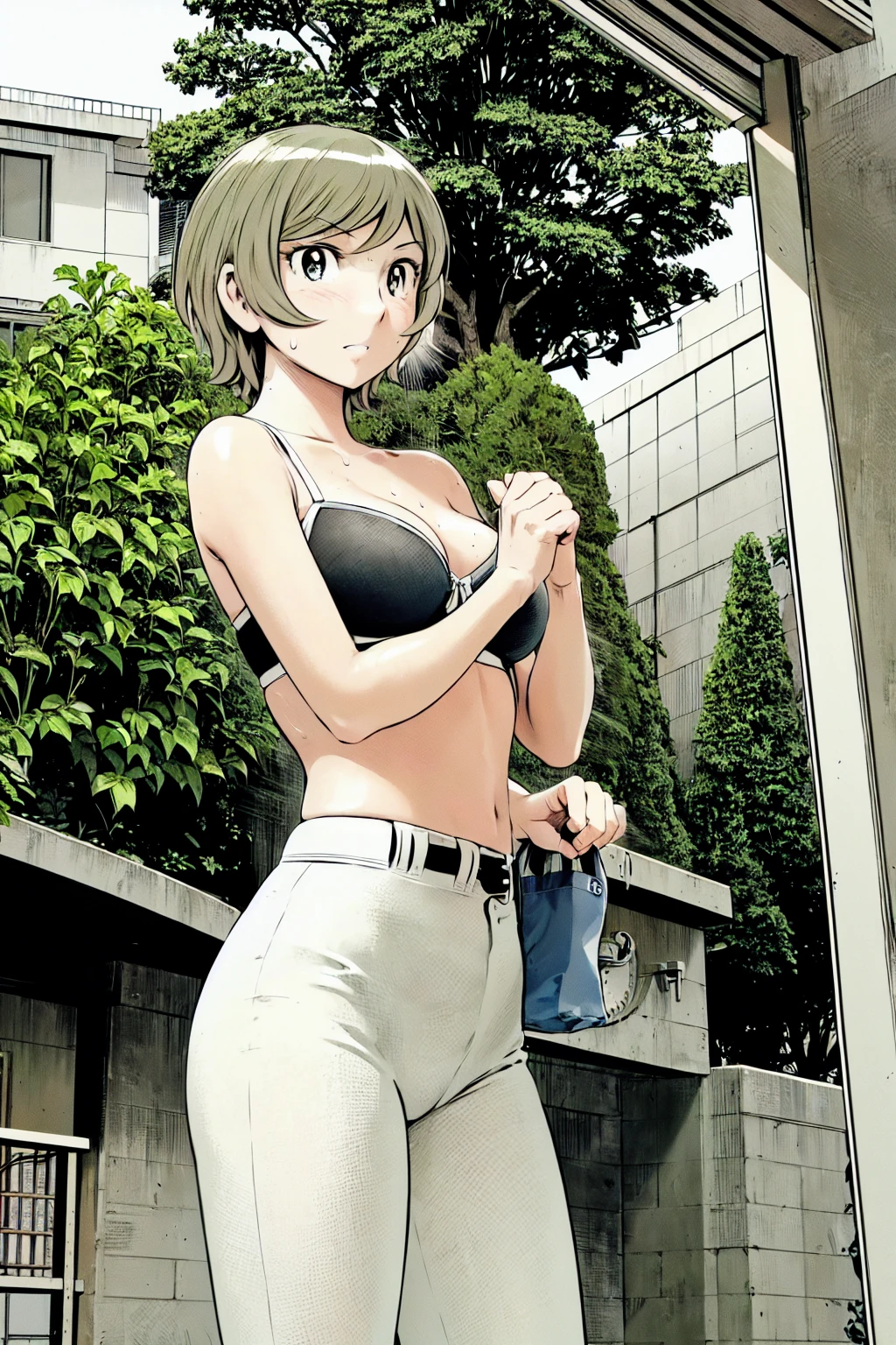 (Baseball uniforms:1.2),
blonde, (short hair:1.2),White trousers、Black belt、((Illustration of people))、Tube top bra、
View your viewers,, (Highest quality:1.3), White pants、Outdoor、baseball ground、ground、soil、blue eyeasterpiece、Highest quality)、Highest quality, Ultra-high resolution, (((masterpiece))), alone, Sweat、Big eyes、Large breasts、Torn clothes、 Fully exposed、Nipples、One Girl, Front view、Embarrassed face、Bronze colored hair、((short hair))、Stand up straight、Cowboy Shot