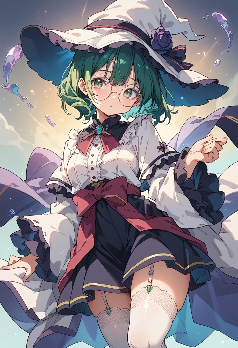 A large witch's hat with a wide frill and a purple rose decoration, a robe with the Duke's coat of arms on the sleeve, a cream-colored blouse, a winered ribbon tie, a high-waisted skirt, garter stockings, and pumps.

Curly short cut, green hair, large round glasses