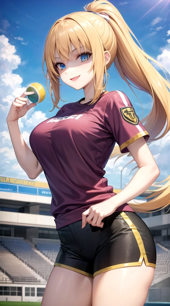Young girl, Long blonde hair, High Ponytail, blue eyes, Sports Top, Shorts, Big Breasts, smile, Kalambit, masterpiece, high quality
