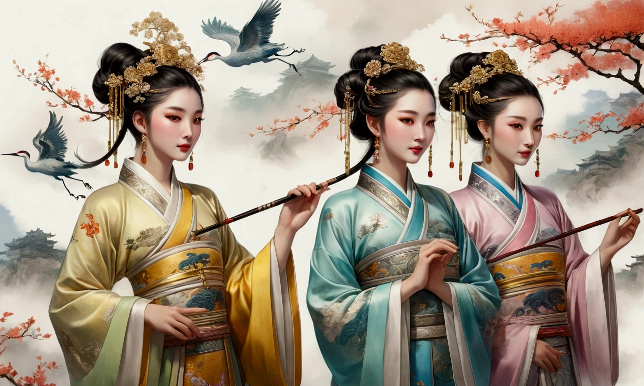 Beautiful dancers in ancient China,delicate lines,The beautiful costumes of ancient China,delicate and bright,Shy face,Willow eyebrows,personality display,curled hair,gold leaf,flowing clouds,watercolor,Surrounded by cranes,ink painting,gentle eyes,meticulous, color tone,Exquisite clothing styles,by me, Kaizi,Zhang Xuan,Professional color grading,Realistic style,soft shadow,Clean, sharp focus,film photography,Panoramic view,32K --v 6