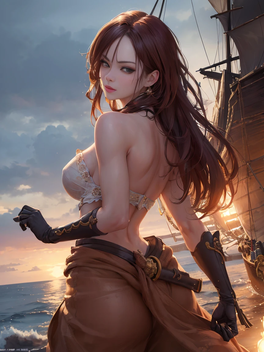 (masterpiece, 最high quality:1.4), (pirate ship), (From the back:1), (One girl), (alone), (head to waist photo) , Nami from One Piece, hyperRealistic, Skin with attention to detail, Digital SLR, Soft lighting, high quality, Highly detailed face, Highly detailed eyes, Highly detailed skin, Skin pores, Scattered beneath the surface, Apply blush all over the face, Highly detailed face, Highly detailed eyes, Beautiful Face, Fuller lips, Detailed Background, Depth of written boundary, Volumetric lighting, Sharp focus, Realistic proportions, Excellent anatomy, (Realistic, hyperRealistic:1.4), 16k hdr, Dawn