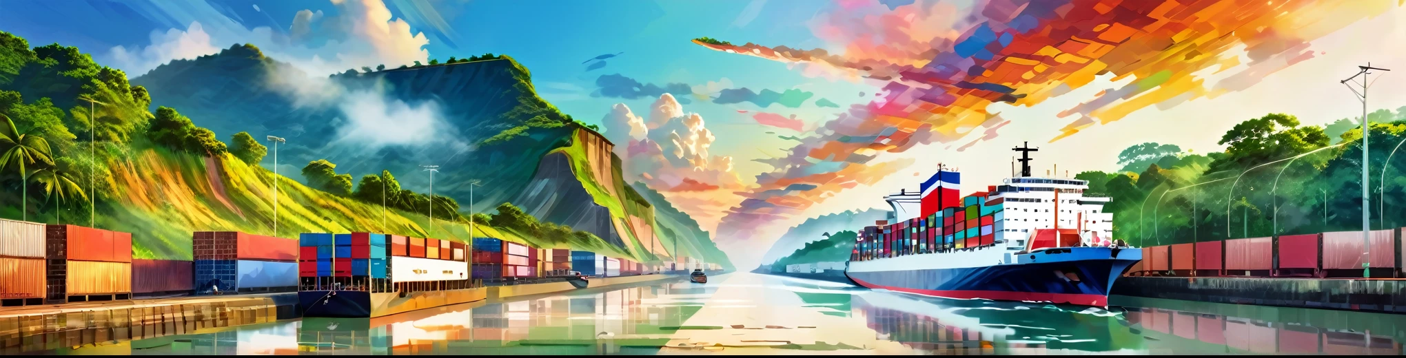 Panama Canal, paint, double exposure, (textura de paint:1.2), (Masterpiece:1.2), Best Quality, (hyperdetailed, more detailed:1.2), high resolution textures, beautiful landscape, Very detailed, very clear, (Panama Canal), vivid colors, HD, multicolor style, barco de buques pasando el Panama Canal