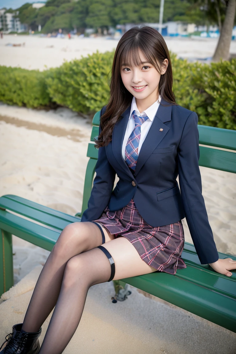 (8K), (highest quality: 1.2), (Realistic), (Realistic: 1.37), Ultra-high resolution, 1 girl, cute, (Embarrassed smile:1.2), (Blushing:1.4),Mouth closed, Beautiful details, Beautiful Nose, Wet Hair,bangs, giant dulcefo, pork, Thighs,Navel exposed,University Student Uniform,A simple blazer,Pleated skirt,(The skirt and tie are tartan check pattern.:1.3),Platform boots, (sitting on a beach side park bench:1.2),(Shiny Thighs:1.2), medium shot,Very thin panty hose, crossing the legs