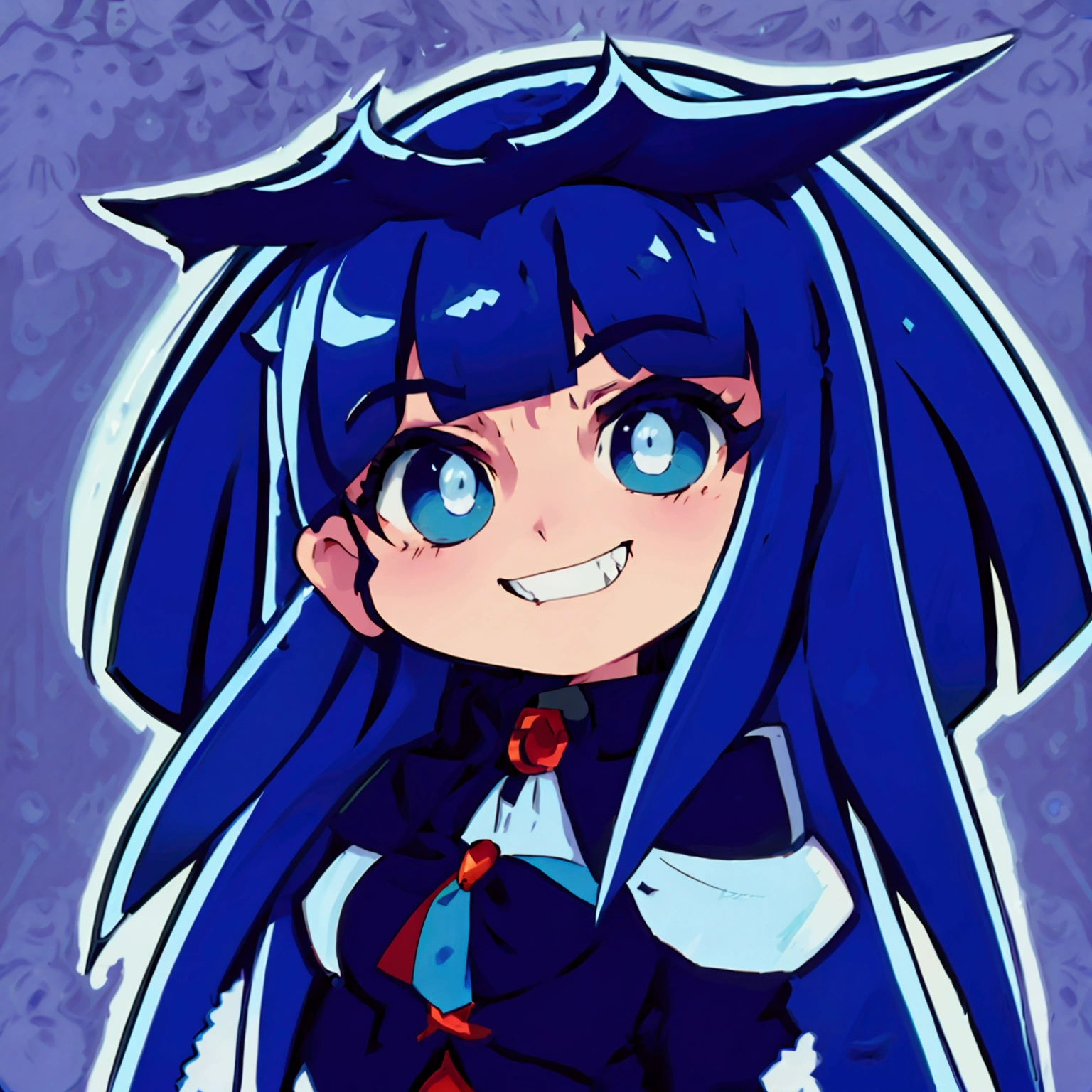 Close-up of a cartoon character with blue hair and blue outfit, anime moe artstyle, 2D anime style, [[[[grinning evilly]]]], , cel - shaded art style, I&#39;ll do fanart too, nasty grin, hero 2d fanart art, chibi, vampire