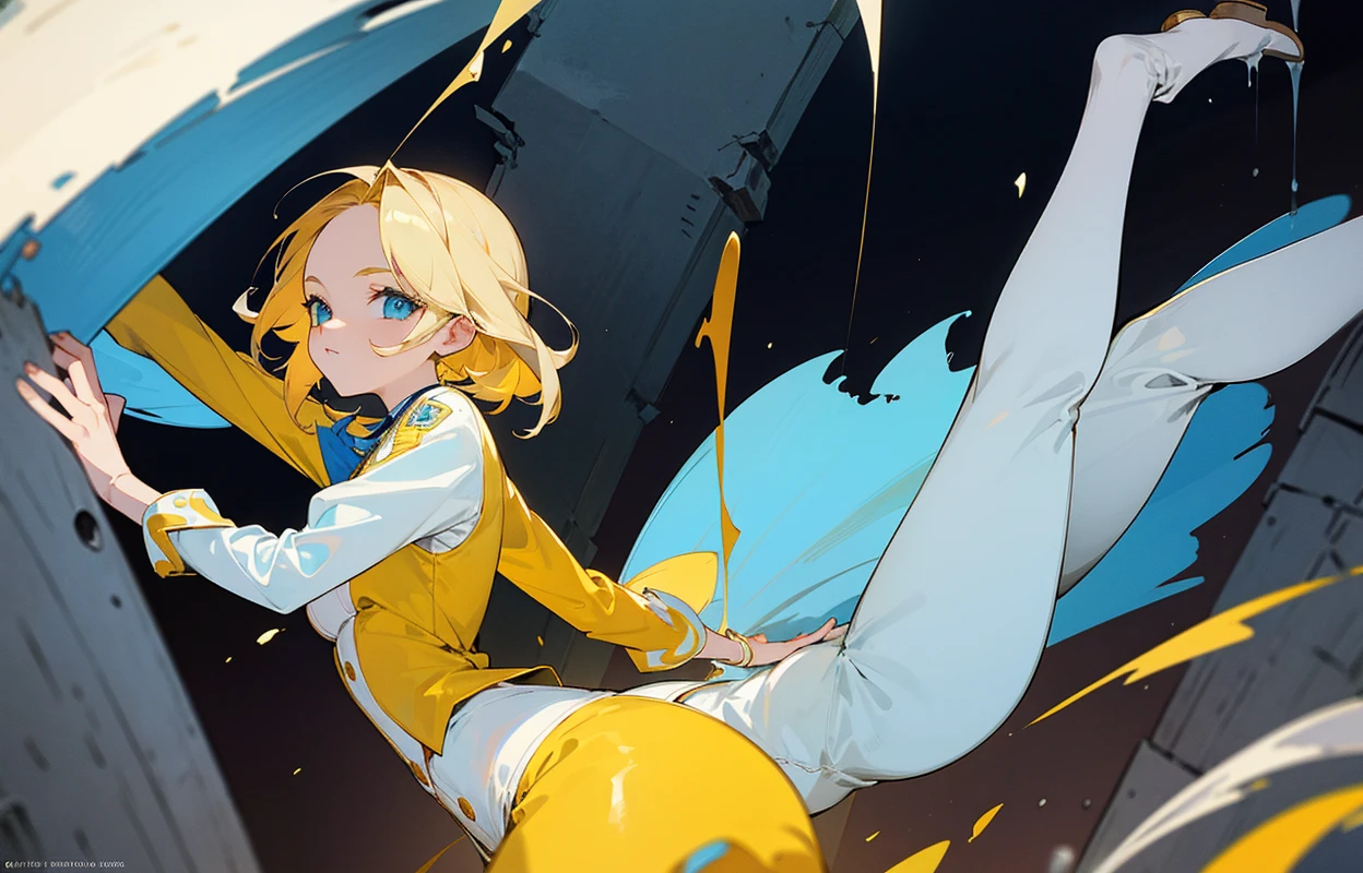 Un adolescent au cheveux blonds et des yeux bleu avec un uniforme blanc il se tient debout en tenant une épée jaune parmis des ruines