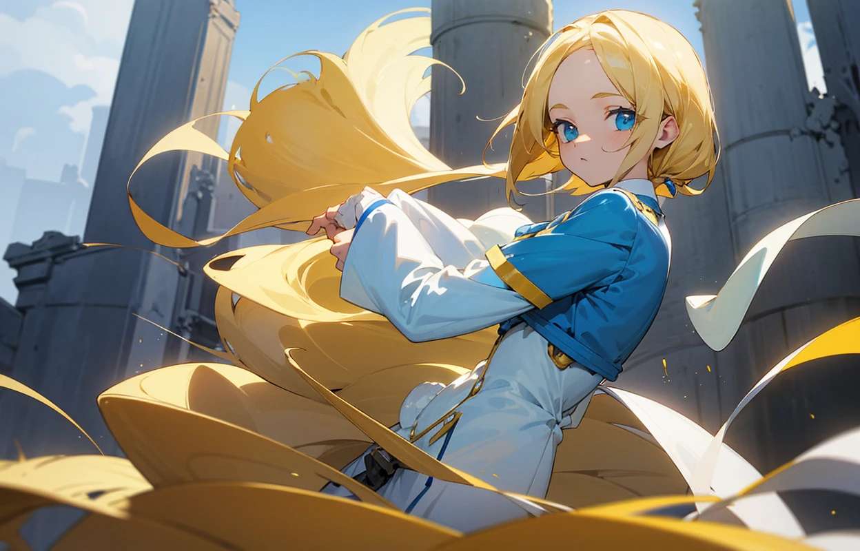 Un adolescent au cheveux blonds et des yeux bleu avec un uniforme blanc il se tient debout en tenant une épée jaune parmis des ruines 