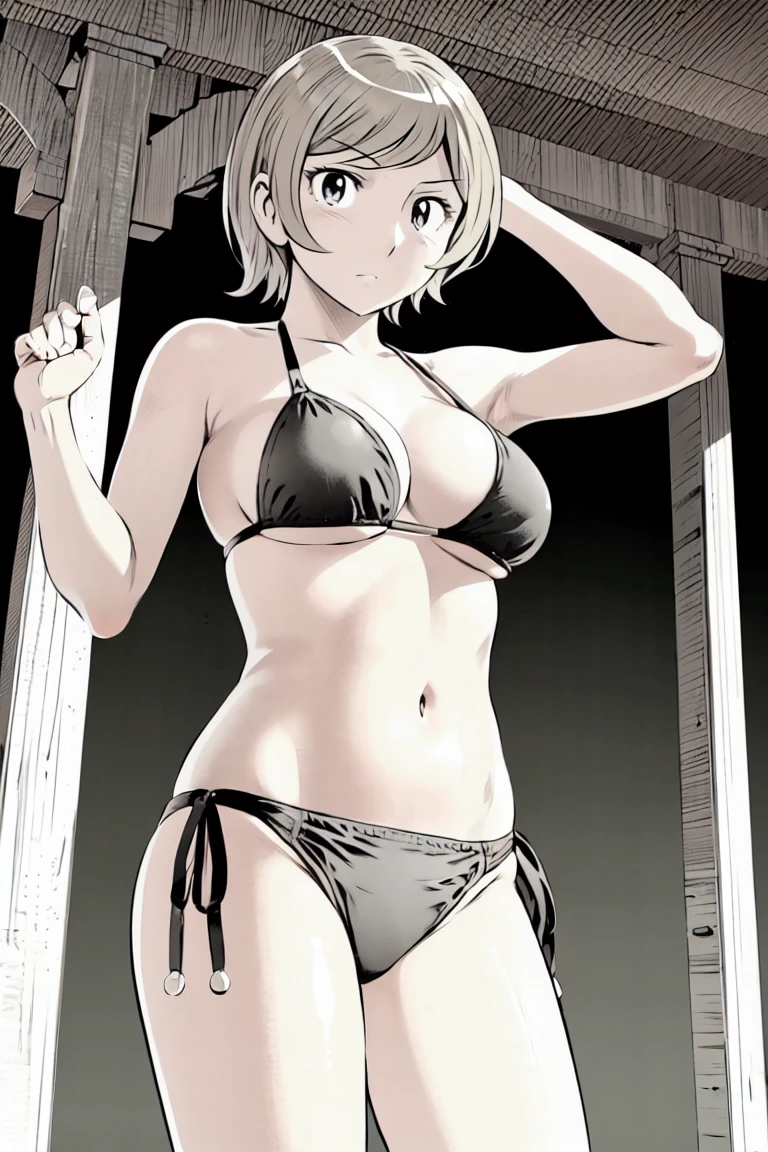 (slingshot bikini:1.2),
Blonde, (short hair:1.2),Illustration of a person、
View your viewers,, (Highest quality:1.3),One Girl, beach、Outdoor、 ground、ground、soil、blue eyeicro Bikini、(masterpiece、Highest quality)、Highest quality, Ultra-high resolution, (((masterpiece))), alone, Large breasts、One Girl, Front view、Embarrassed face、Bronze colored hair、((short hair))、Stand up straight、Cowboy Shot