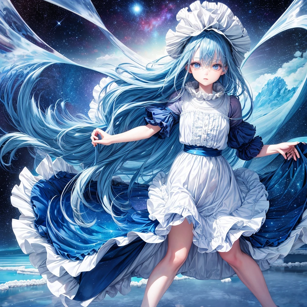 absurd, high resolution, (Official Art, beautiful and aesthetic:1.2), (myopia:1.15), (1 Girl, Blue Hair, Medium Length Hair, blue eyes, Bright Eyes, White long skirt, Blue ruffles,:1.2) Blue sky, Glittering galaxies, (Uyuni Salt Flats:1.2), (Fractal Art:0.8), Water Effects, Ripple effect, (Flower Effect: 0.65), Lighting Effects,