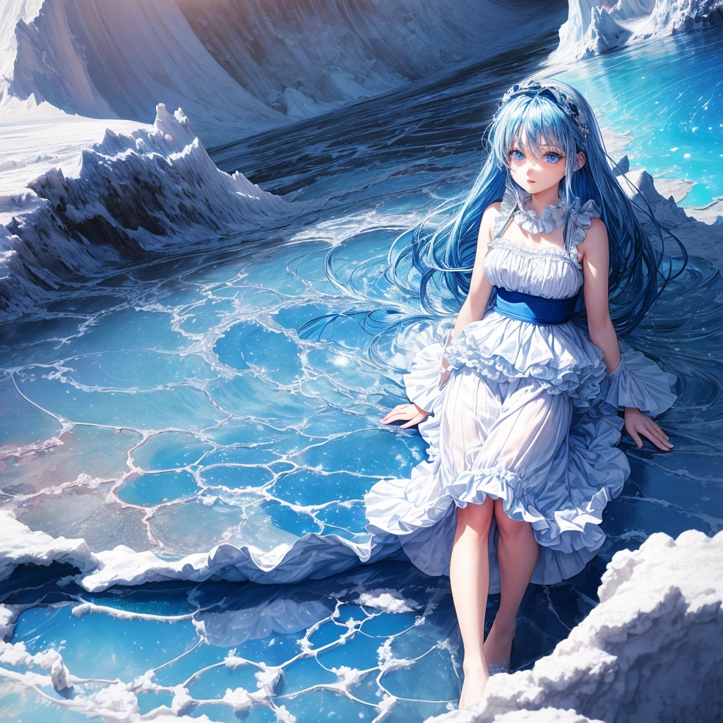 absurd, high resolution, (Official Art, beautiful and aesthetic:1.2), (myopia:1.15), (1 Girl, Blue Hair, Medium Length Hair, blue eyes, Bright Eyes, White long skirt, Blue ruffles,:1.2) Blue sky, Glittering galaxies, (Uyuni Salt Flats:1.2), (Fractal Art:0.8), Water Effects, Ripple effect, (Flower Effect: 0.65), Lighting Effects,