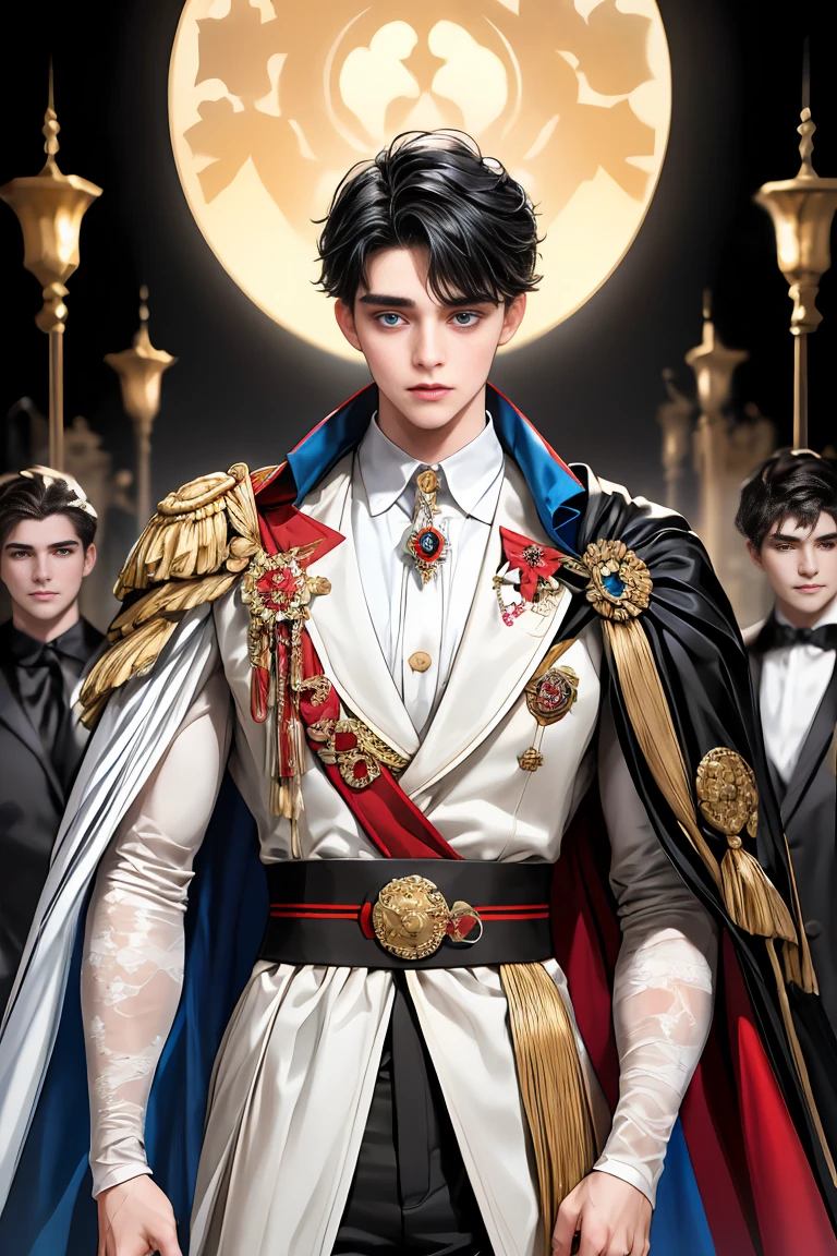 
masterpiece, 最high quality, high quality, 1 boy, alone, Male focus, Watching the audience,  Messy black hair, Adorable big blue eyes, White people, Noble, Noble,Sexy voluminous cape、vampire、A very voluminous, large, very large, very large, long, long red and black cape with a high stand-up collar, made of a lot of fabric that reaches down to the floor., ,Cute beautiful boys,Cute, cute, kind, handsome guy