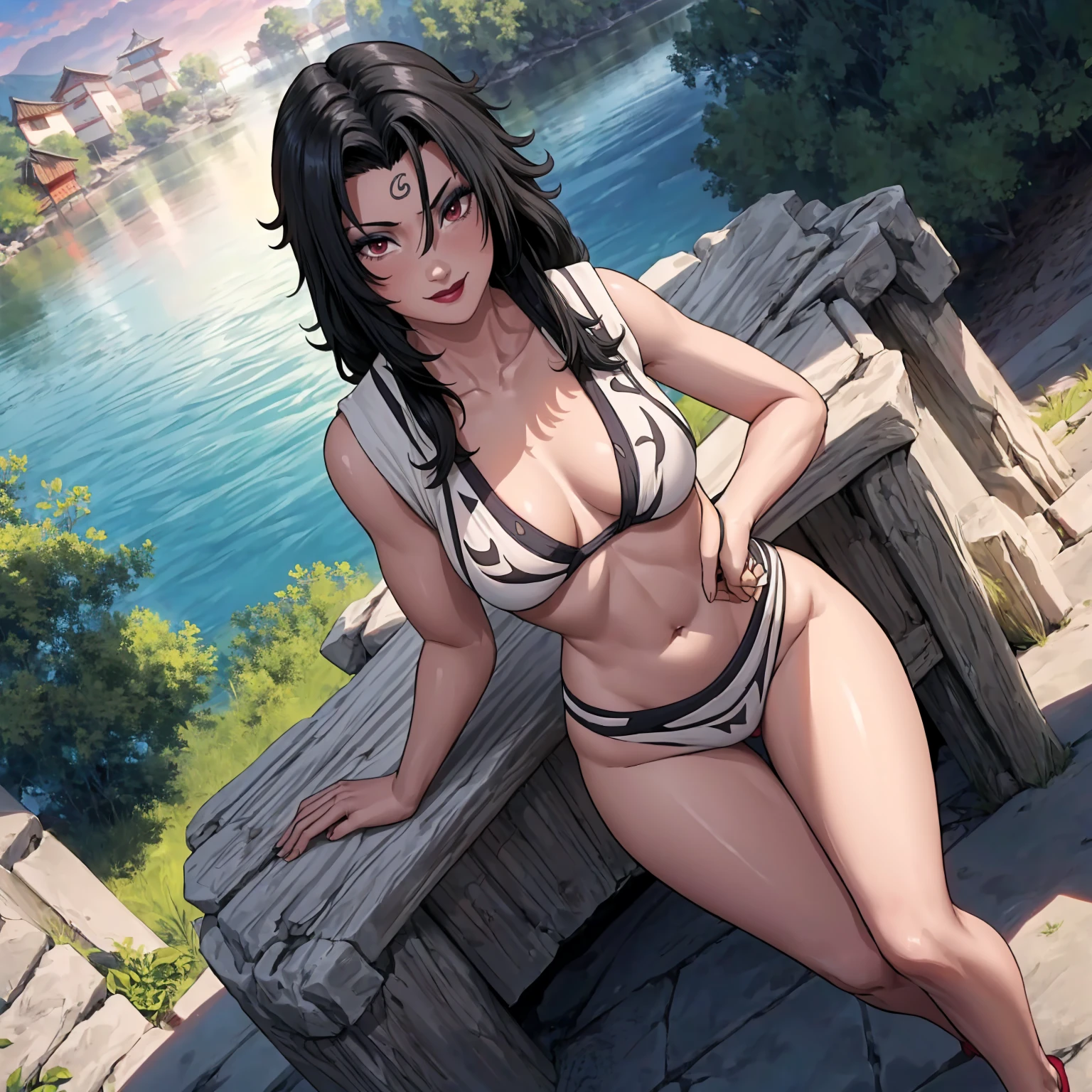 (((solo,1woman, mature, alone))), Kurenai Yuhi ((long hair, black hair, messy hair, glowing red eyes, wide eyes, lipstick, makeup, narrow waist, skinny, medium breasts)), pelvic curtain, ((white bikini)), full body, perfect body, (insanely detailed, beautiful detailed face, masterpiece, best quality), (extremely detailed 8k paper CG wall unit: 1.1), (konohavillage, konoha gate walls, river, lake, tree, mountain, flower, at dawn, zebra cross, cloudy sky, cloud, dusk), (smile face for the viewer), cameltoe view, cameltoe, View from above, Diagonal view