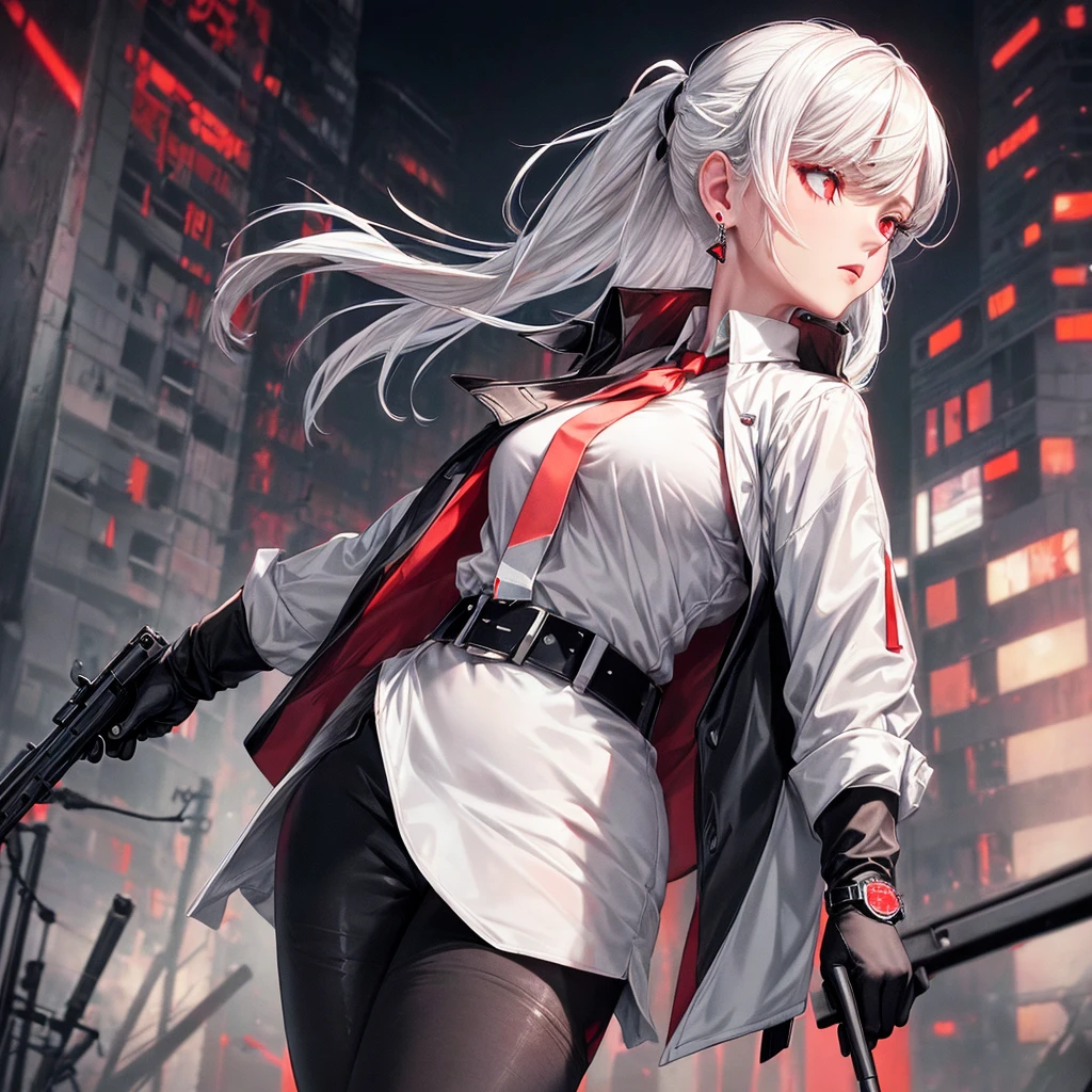 1 Girl, close up, (White hair, Medium Length Hair, Large Breasts, Red Eyes), Perfect anatomical structure, City, Cyberpunk style, ((White shirt, Black jacket, Black skirt, Umbilical cord, belt, Black gloves, tie, watch, earrings, Sheer black leggings)), ((Holding a gun)), war, ruined City, battlefield, rubble, architecture,cigarette