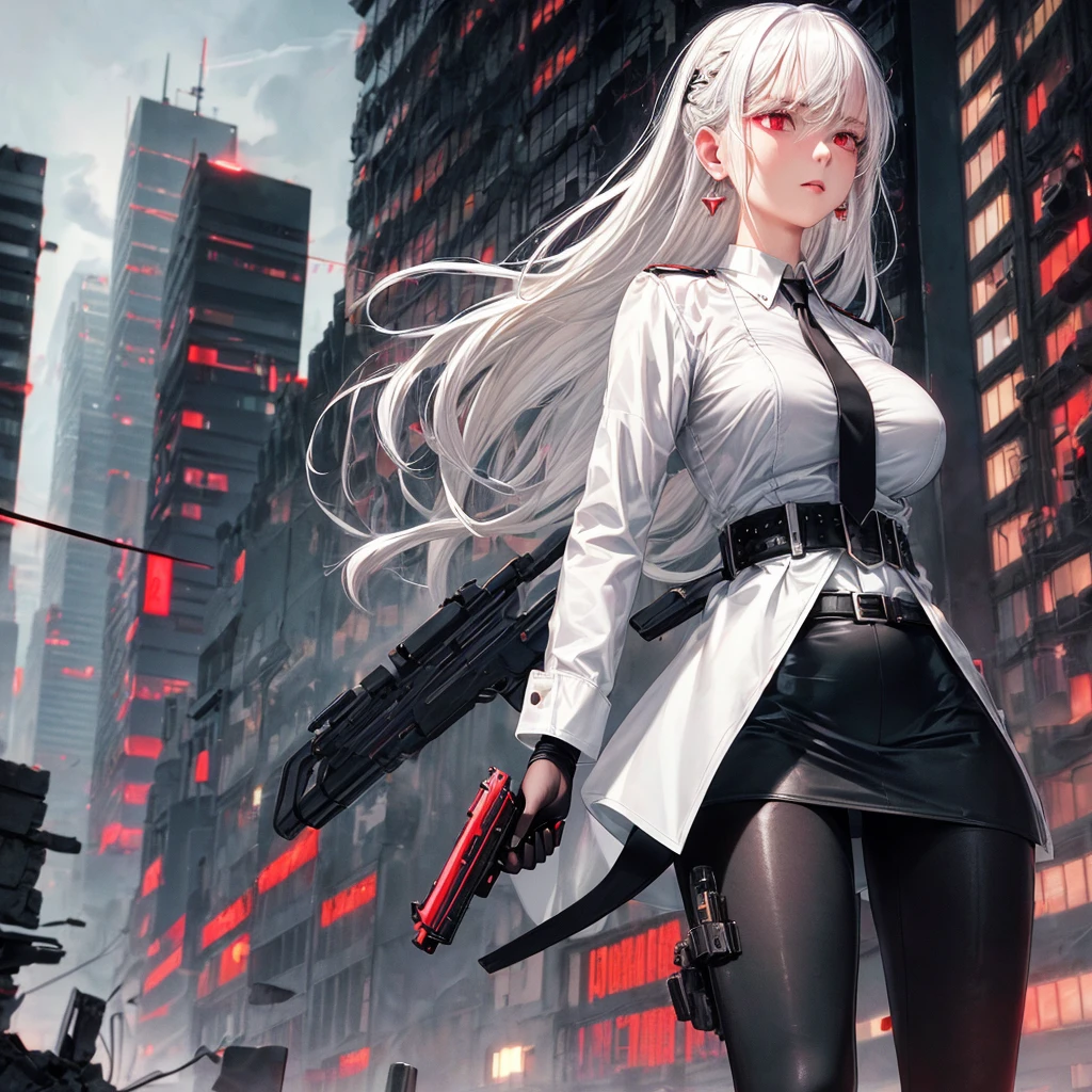 1 Girl, close up, (White hair, Medium Length Hair, Large Breasts, Red Eyes), Perfect anatomical structure, City, Cyberpunk style, ((White shirt, Black jacket, Black skirt, Umbilical cord, belt, Black gloves, tie, watch, earrings, Sheer black leggings)), ((Holding a gun)), war, ruined City, battlefield, rubble, architecture,cigarette