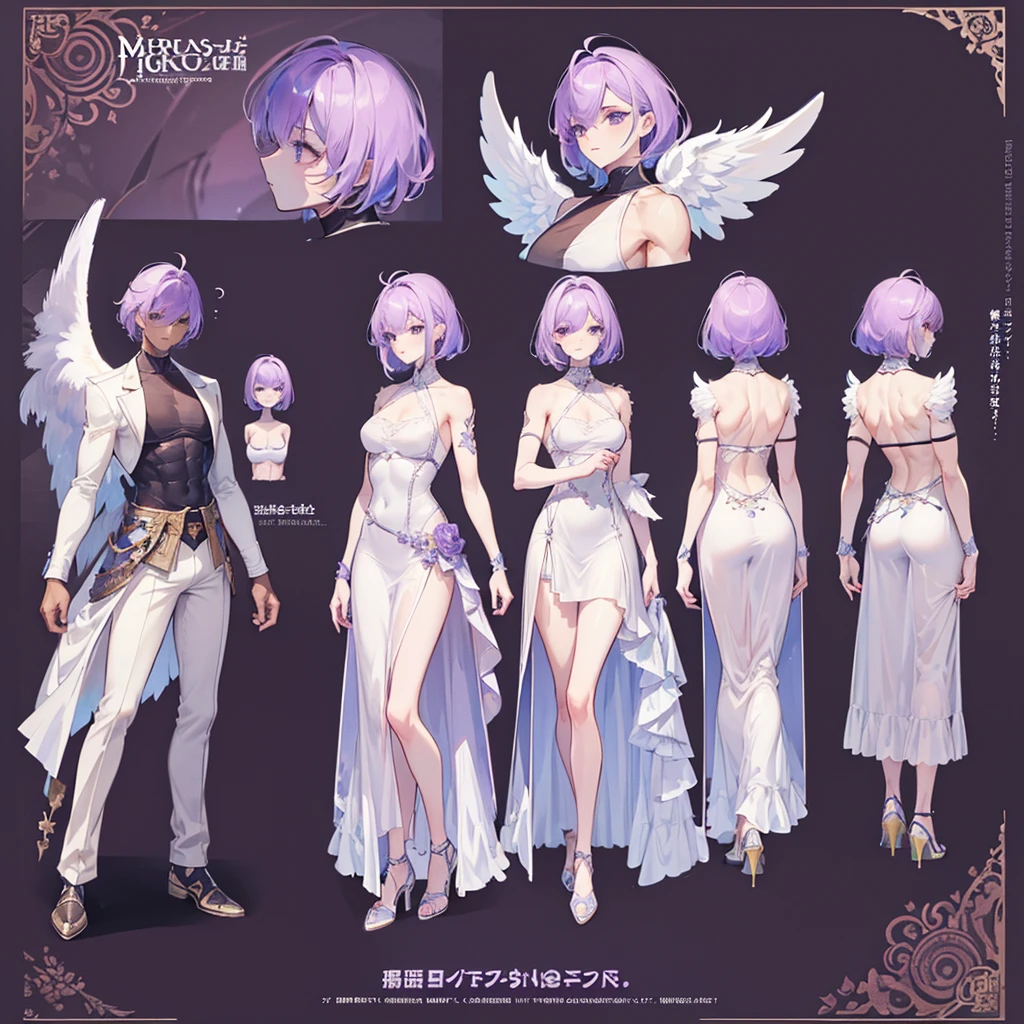 (Masterpiece, best quality), detailed, 1 man, ((character concept art)), ((character design sheet, same character, front, side, back)), full body, body complete, 1 Male angel, 1 Man angel, Detailed face, character design sheet,full bodyesbian, Highly detailed, character sheet, character design, Many parts, dark skin, angel wings, short purple hair, angel outfit, muscle male god, male clothes, masculine, muscle man, male muscle, manly, male angel, Muscle male with long short purple hair,beautiful man, beautiful muscle man, abs, pectoral muscle
