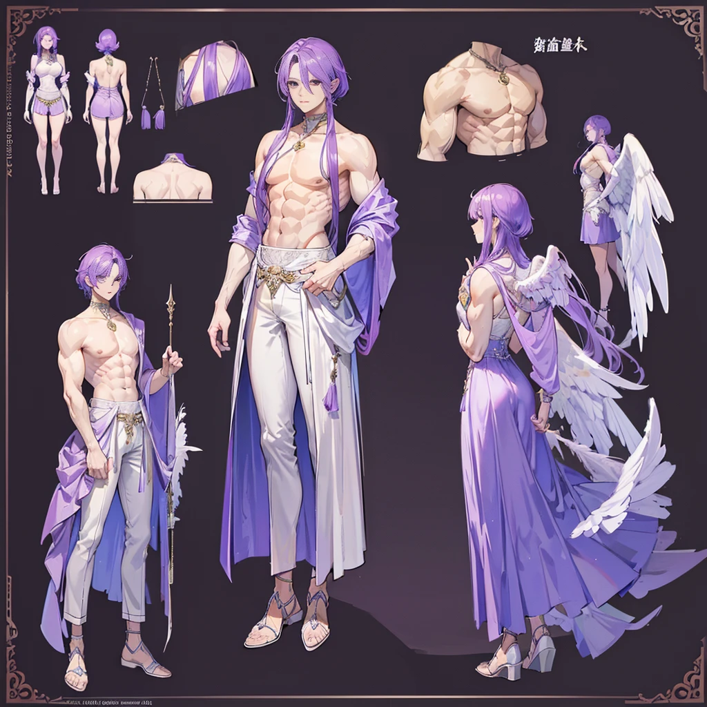 (Masterpiece, best quality), detailed, 1 man, ((character concept art)), ((character design sheet, same character, front, side, back)), full body, body complete, 1 Male angel, 1 Man angel, Detailed face, character design sheet，full bodyesbian, Highly detailed, character sheet, character design, Many parts, dark skin, angel wings, short purple hair, angel outfit, muscle male god, male clothes, masculine, muscle man, male muscle, manly, male angel, Muscle male with long short purple hair，beautiful man, beautiful muscle man, abs, pectoral muscle