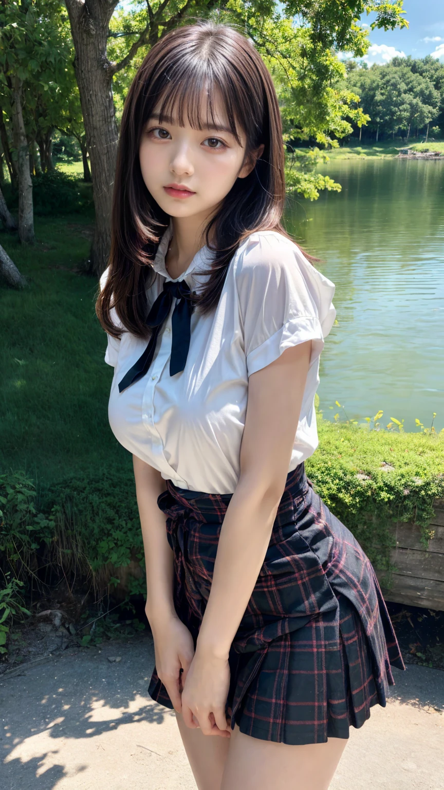 (absurdres:1.3), (highres:1.3), (ultra detailed:1.3),(1girl:1.3), (extremely detailed CG unity 8k wallpaper:1.3), (detailed skin texture, detailed cloth texture, detailed hair texture), (beautiful detailed face, supermodel, pale skin, realistic glistening skin), (RAW photo, best quality), (realistic, photo-realistic:1.4), masterpiece, extremely delicate and beautiful,Amazing, finely detail, extremely detailed CG unity 8k wallpaper, huge filesize, ultra-detailed, highres, absurdres, soft light,rim light, vibrant details, hotel room, straight hair, large breasts, black hair color, Big Natural Color Lip, (perfect body shape), beautiful legs, 20 years old, Beauty、Well-formed face、Make your eyes even、Large sagging eyes、Beautiful black hair、Has bangedium build、Well-balanced proportions、Arms wrapped around his back, hands tie behind back, Tartan plaid pleated skirt、Blue Short Sleeve Blouse、Beautiful scenery、(front view:1.3), Leaning against a large tree on the shore of a beautiful lake、