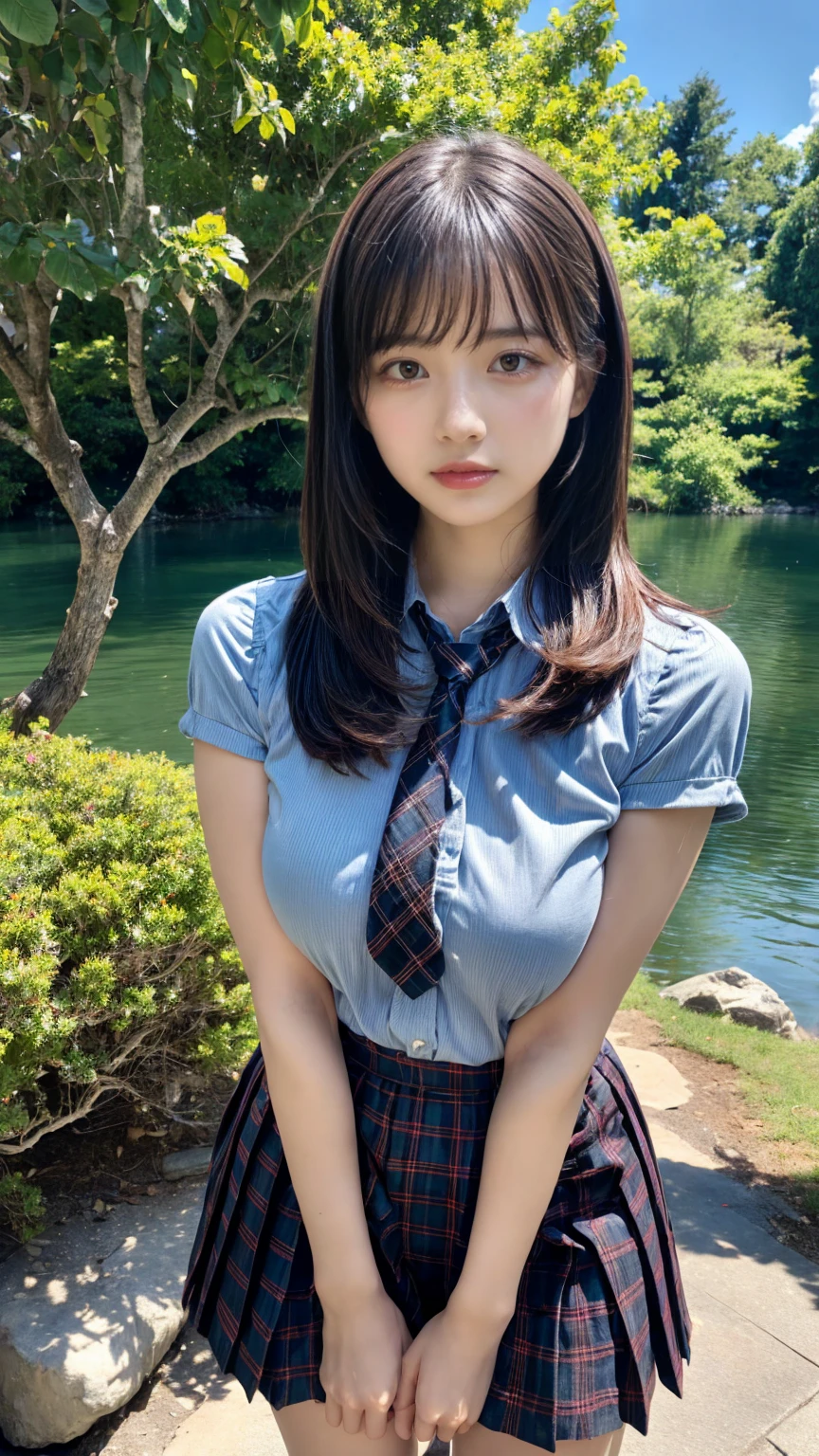 (absurdres:1.3), (highres:1.3), (ultra detailed:1.3),(1girl:1.3), (extremely detailed CG unity 8k wallpaper:1.3), (detailed skin texture, detailed cloth texture, detailed hair texture), (beautiful detailed face, supermodel, pale skin, realistic glistening skin), (RAW photo, best quality), (realistic, photo-realistic:1.4), masterpiece, extremely delicate and beautiful,Amazing, finely detail, extremely detailed CG unity 8k wallpaper, huge filesize, ultra-detailed, highres, absurdres, soft light,rim light, vibrant details, hotel room, straight hair, large breasts, black hair color, Big Natural Color Lip, (perfect body shape), beautiful legs, 20 years old, Beauty、Well-formed face、Make your eyes even、Large sagging eyes、Beautiful black hair、Has bangedium build、Well-balanced proportions、Arms wrapped around his back, hands tie behind back, Tartan plaid pleated skirt、Blue Short Sleeve Blouse、Beautiful scenery、(front view:1.3), Leaning against a large tree on the shore of a beautiful lake、