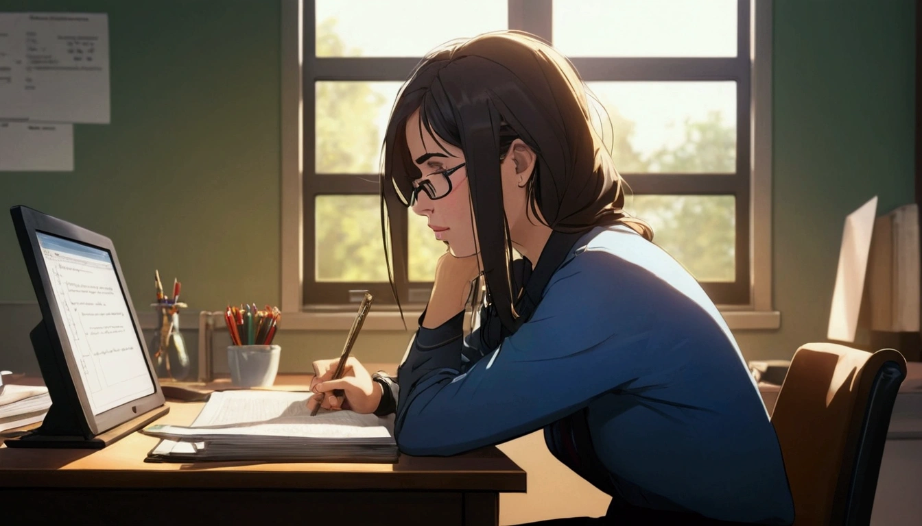 Please provide a detailed description of an adult woman intensely focused on studying at her desk. Capture the scene with details about her posture, environment, study materials, and expressions. Emphasize the sense of concentration and dedication she exhibits in this moment with a happy face.