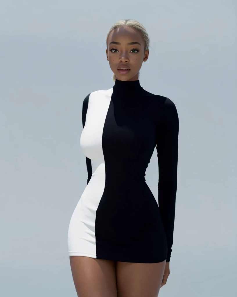 (Beautiful teen girl, Sonequa Martin-Green, Dove Cameron, Laura Harrier, Peyton List), Wearing tight white and black cotton-Lycra-fabric long sleeve mini dress, round breasts, slim waist, big hips, beautiful soft thighs, beautiful legs,(HDR, 8K, vivid, vibrant, detailed: 1.4), (hyper realistic, movie graphics)