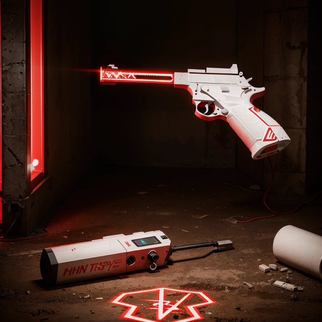 You are here, just the gun, bright electric red color with a white electric outline and red lightning effects around it and some runes engraved on it.