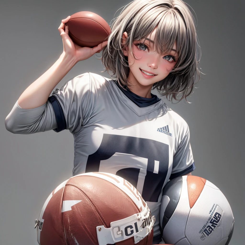 (Gray background:1.5, Close-up shot:1), (Reality:1.4), (best quality:1.0), (Ultra-high resolution:1.0), 8K, RAW photos, (masterpiece:0.2), 1 Girl, Beautiful skin, Delicate skin, A bright smile, teeth, (short hair:1), (Football Jersey:1.2)