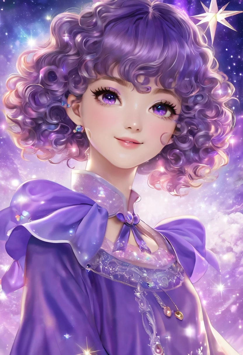 ((work of art)), (best qualityer),, offcial art, Kizi, short hair with curly bangs, curls, smiling, fly away, glad, pretty, bow, Caucasian skin, skin fair, adolescent, magica, mystical, magical world, bts, Bangtan, galaxy, spots on the face, little Princess, magica, light purple.