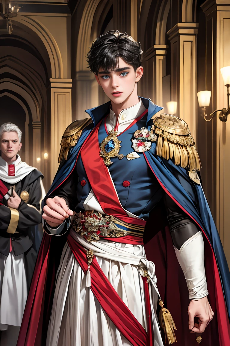 
masterpiece, 最high quality, high quality, 1 boy, alone, Male focus, Watching the audience,  Messy black hair, Adorable big blue eyes, White people, Noble, Noble,Sexy voluminous cape、vampire、A very voluminous, large, very large, very large, long, long red and black cape with a high stand-up collar, made of a lot of fabric that reaches down to the floor., 17 years old,Cute beautiful boys,Cute, cute, kind, handsome guy