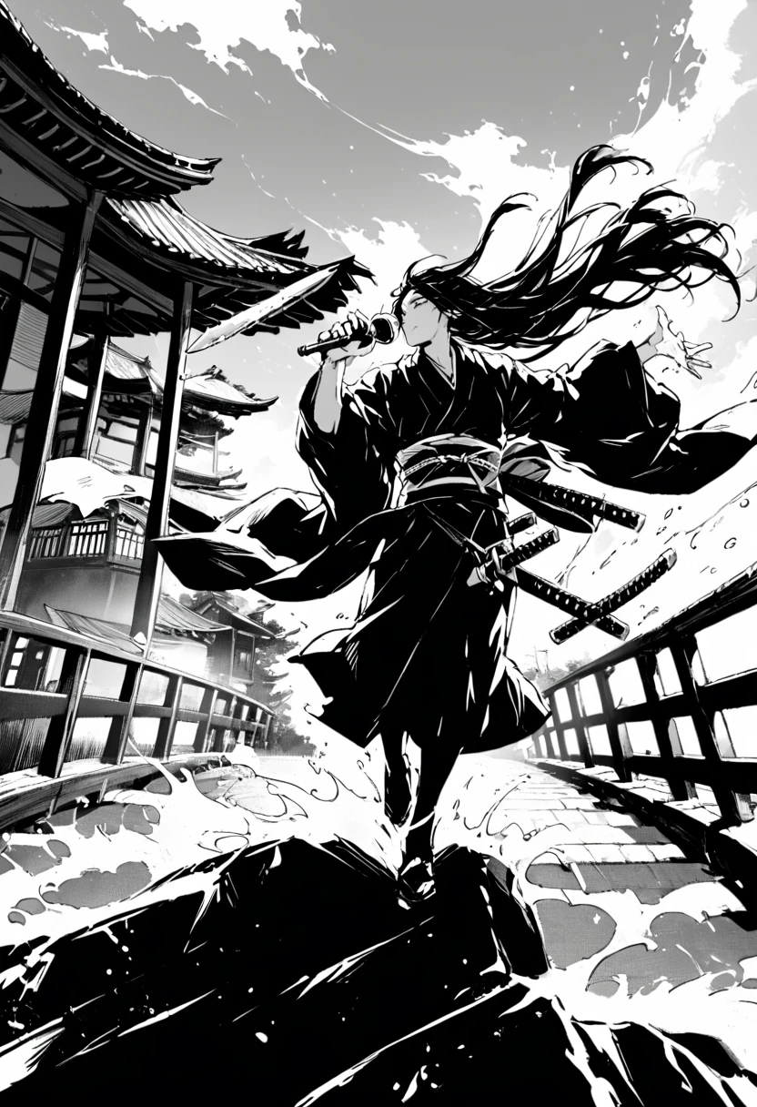 splash,alone, Long Hair, arms, sword, drinking, Holding, One boy, Holding arms, Floating Hair, Holding sword, kimono, Outdoor, whole body, Are standing, Long sleeve, sash, cup, Raise your hand, knife, Wide sleeves, Wind, east asian architecture, sheath, architecture, walking, kimono, sheathに収められた
