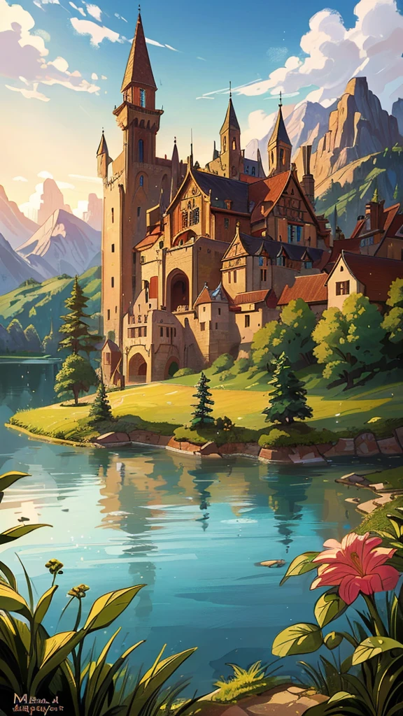 re painted chibi style very detailed best quality masterpiece medieval city built along a beautiful lake perfect lighting