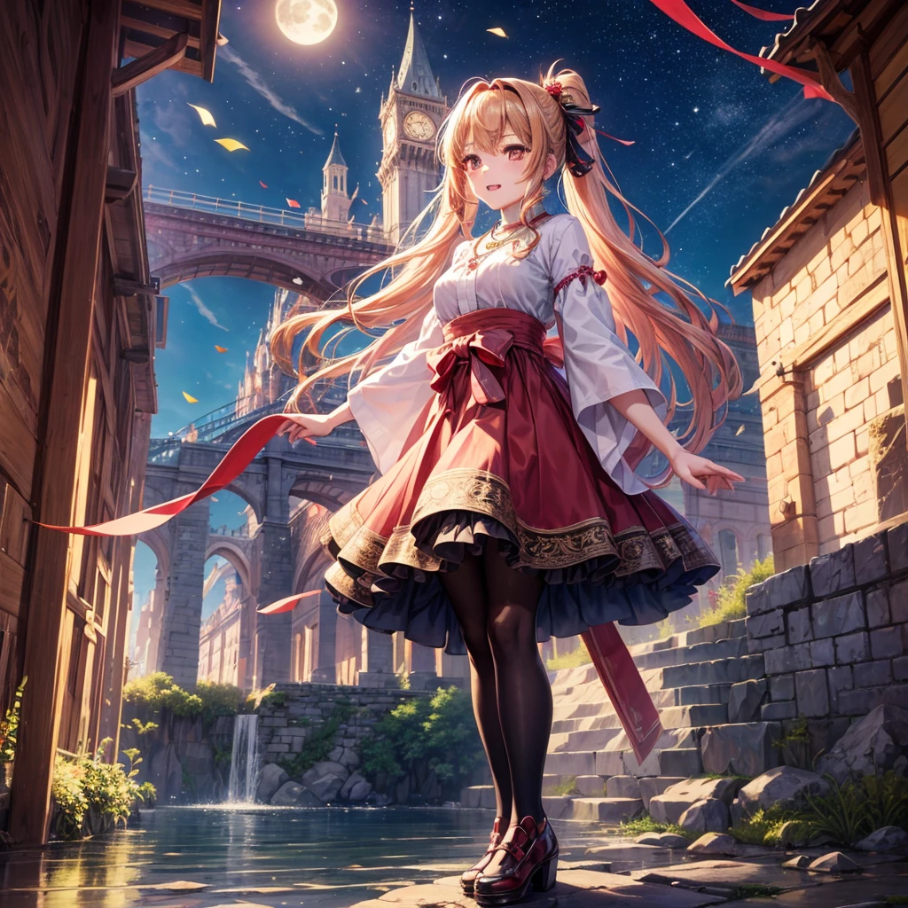 Pink, red, brown, gold, gold hair、Red gold eyes、Hair tied up、One good looking girl、solo、anime、Checkered mini skirt、Ruffles on the skirt、Checked dress、blouse、Kimono、Black knee-high socks、Ribbon、Ribbon on waist、Teeth are visible、Sparkly Necklace、From above、Cobblestones、waterfall、Starry Sky、Midnight Moon、suspension bridge、Standing still、Confetti、Kicking、Brick construction、Uphill、An old castle built on a rocky mountain、The scenery is reflected on the water、Sitting on the roof