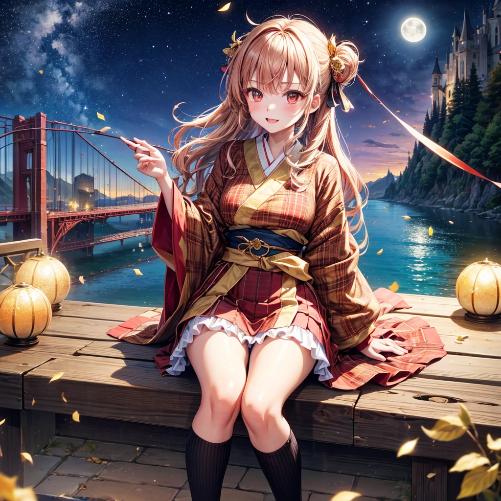 Pink, red, brown, gold, gold hair、Red gold eyes、Hair tied up、One good looking girl、solo、anime、Checkered mini skirt、Ruffles on the skirt、Checked dress、blouse、Kimono、Black knee-high socks、Ribbon、Ribbon on waist、Teeth are visible、Sparkly Necklace、From above、Cobblestones、waterfall、Starry Sky、Midnight Moon、suspension bridge、Standing still、Confetti、Kicking、Brick construction、Uphill、An old castle built on a rocky mountain、The scenery is reflected on the water、Sitting on the roof