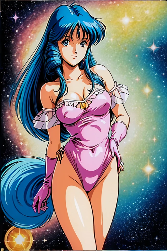 ((((Masterpiece ,Best Quality, Highest quality realistic retro anime......)))),(((lynn minmay))), blue dress, top wo nerae!, 1 girl, alone, ((hyper realistic long blue fur)), looking at the viewer, SMILE, Hits,shirt, ((Very detailed and realistic light blue eyes.)), Closed mouth, blue fur,, lips, separate blows, eyelashes, make up, light SMILE, lipstick, portrait, close up, ((retro Best Quality, Hyperrealistic art of the highest qualityStyle)), 1980s ,fine blue hair with very real details))exterior,((lynnminmay,1 girl,Alone,black fur, idol,one piece swimsuit , Pink Leotard,off the shoulder, pink gloves, pink bow at the waist, White mini skirt, pink boots, standing,whole body, starry_sky)), eyelashes, make up, light SMILE, lipstick, portrait, close up, ((retro Best Quality, Hyperrealistic art of the highest qualityStyle)), 1980s (realistic style)