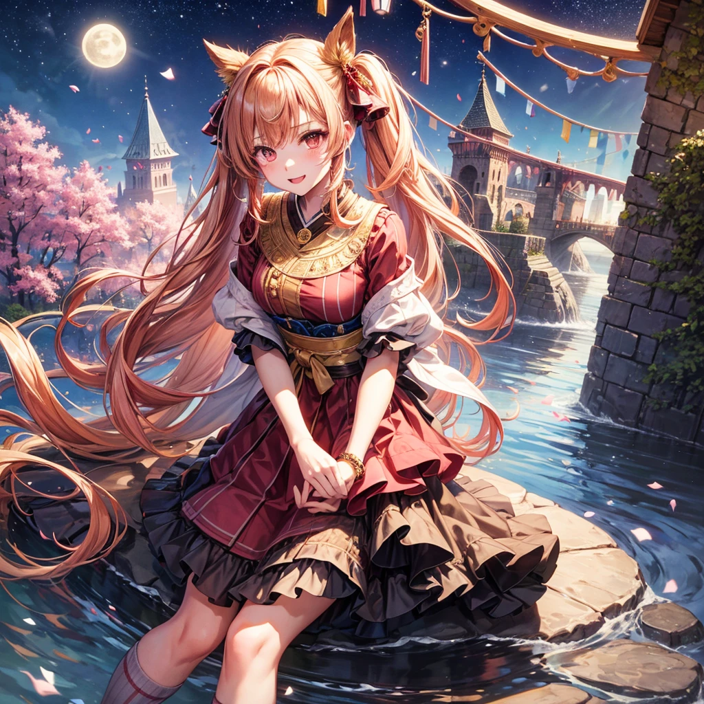 Pink, red, brown, gold, gold hair、Red gold eyes、Hair tied up、One good looking girl、solo、anime、Checkered mini skirt、Ruffles on the skirt、Checked dress、blouse、Kimono、Black knee-high socks、Ribbon、Ribbon on waist、Teeth are visible、Sparkly Necklace、From above、Cobblestones、waterfall、Starry Sky、Midnight Moon、suspension bridge、Standing still、Confetti、Kicking、Brick construction、Uphill、An old castle built on a rocky mountain、The scenery is reflected on the water、Sitting on the roof