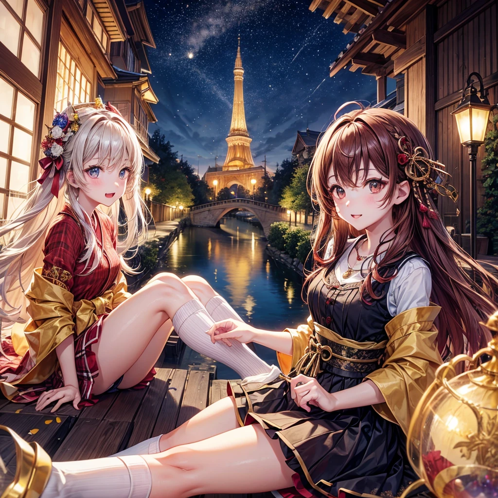 Pink, red, brown, gold, gold hair、Red gold eyes、Hair tied up、One good looking girl、solo、anime、Checkered mini skirt、Ruffles on the skirt、Checked dress、blouse、Kimono、Black knee-high socks、Ribbon、Ribbon on waist、Teeth are visible、Sparkly Necklace、From above、Cobblestones、waterfall、Starry Sky、Midnight Moon、suspension bridge、Standing still、Confetti、Kicking、Brick construction、Uphill、An old castle built on a rocky mountain、The scenery is reflected on the water、Sitting on the roof